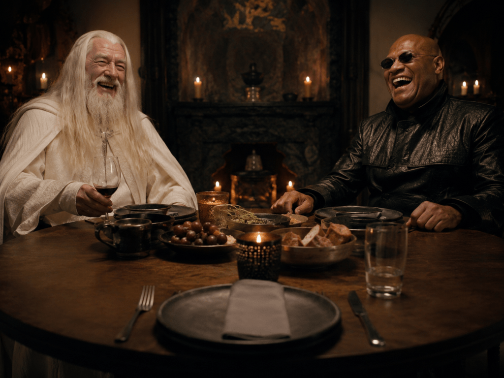 Picture of Gandalf the White from Lord of the Rings and Morpheus from the Matrix sitting and laughing at a dinner table. From the views pov sitting across from the. Prompt for picture created by SodakArtist but picture created by chat bot ai